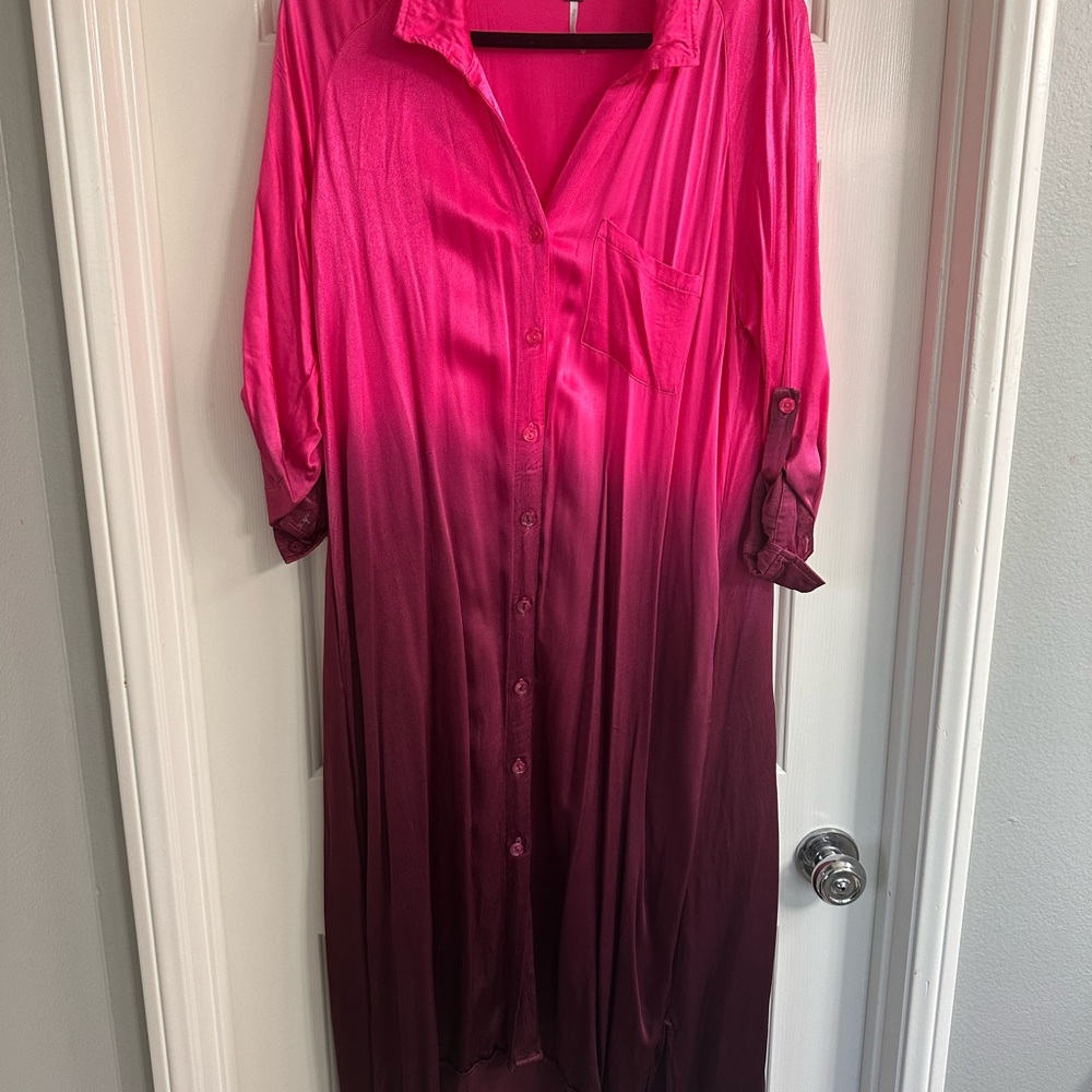 Vibrant Pink and Burgundy Ombre Button-Up Dress